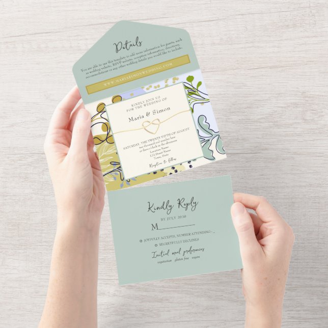 Rustic Boho Sage Yellow Wedding All In One Invitation (Tearaway)