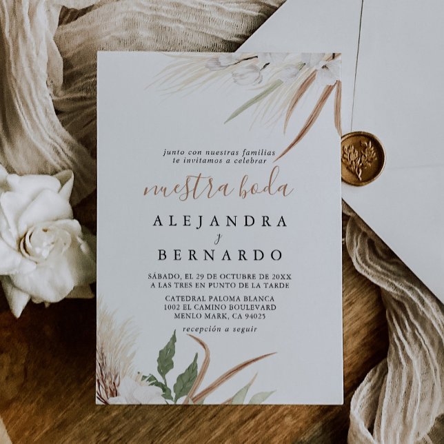 Rustic Boho Simple Floral Nuestra Boda Wedding Invitation (Creator Uploaded)