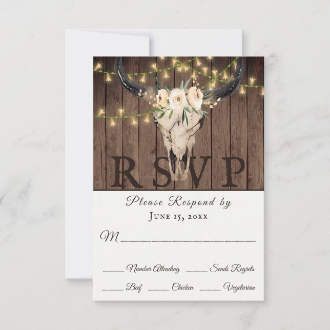Rustic Boho Skull and Lights on Wood Wedding RSVP Card (Front)