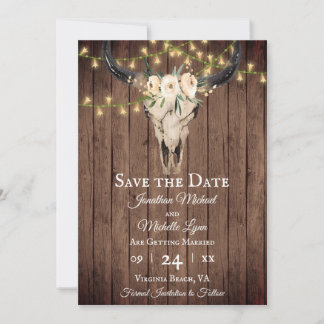 Rustic Boho Skull and Lights on Wood Wedding Save The Date