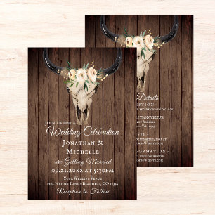 Rustic Boho Skull on Wood All In One Wedding Invitation