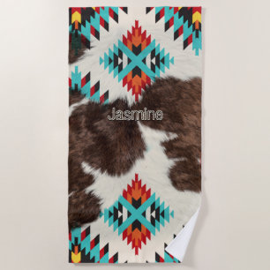 Rustic Boho South Western Turquoise Cowhide Beach Towel