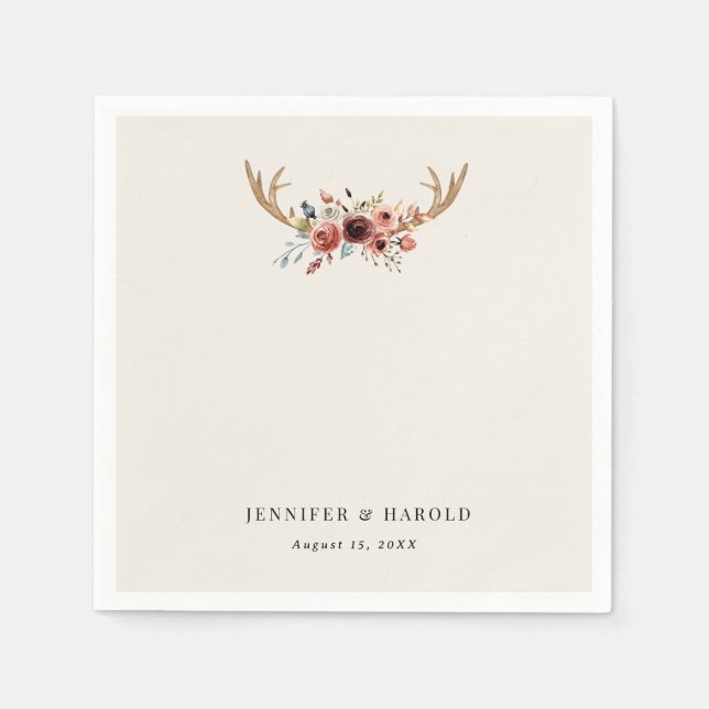 Rustic Boho Stag Deer Antlers Wedding Engagement Napkin (Front)