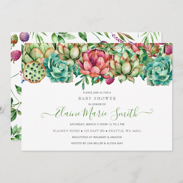 Rustic Boho Succulent Gender Neutral Baby Shower Invitation (Front/Back)