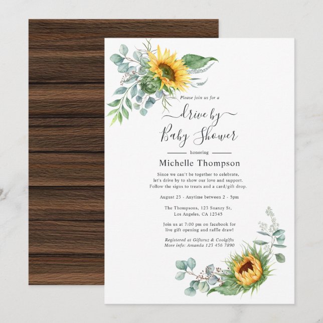 Rustic Boho Sunflower Eucalyptus Drive By Shower Invitation (Front/Back)