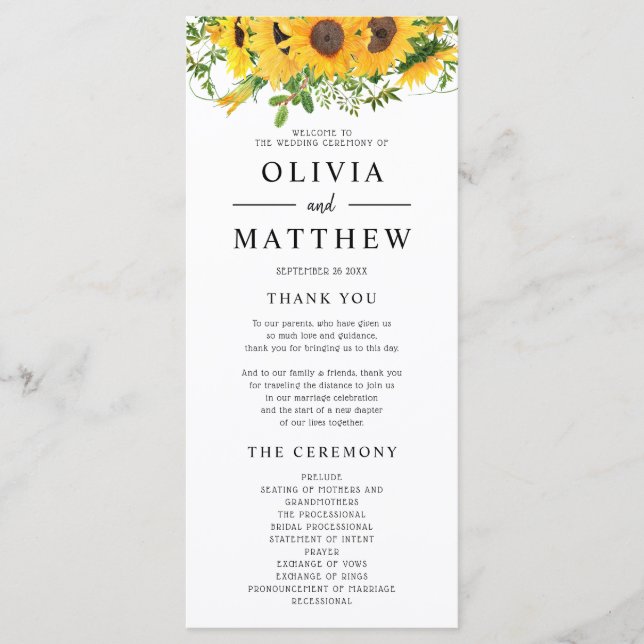 Rustic Boho Sunflower Floral Bouquet Wedding Programme (Front)