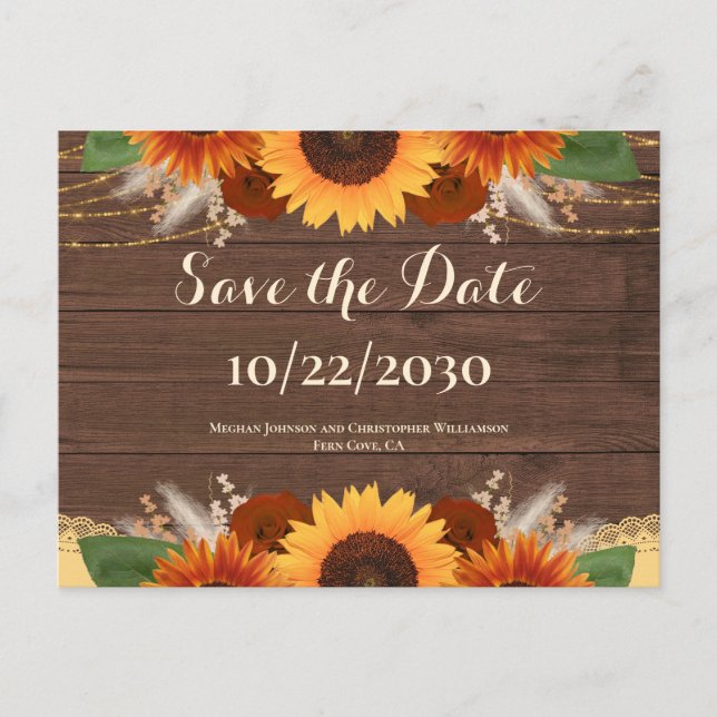 Rustic Boho Sunflower Roses Wedding Save the Date  Postcard (Front)