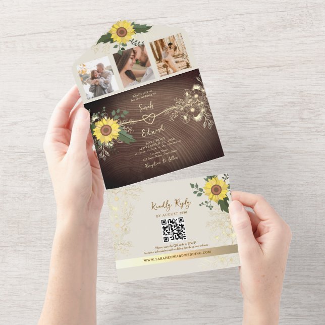 Rustic Boho Sunflower Wood Wedding All In One Invitation (Tearaway)