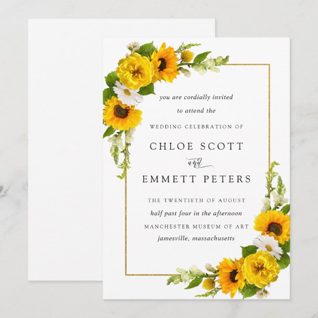 Rustic Boho Sunflower Yellow Summer Floral Wedding Invitation (Front/Back)