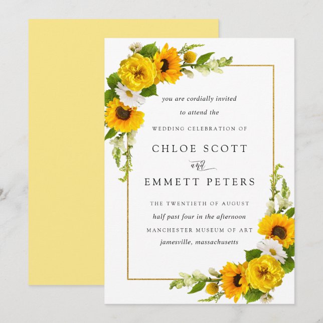 Rustic Boho Sunflower Yellow Summer Floral Wedding Invitation (Front/Back)
