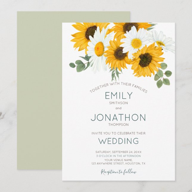 Rustic Boho Sunflowers Leaves Wedding Invitation (Front/Back)