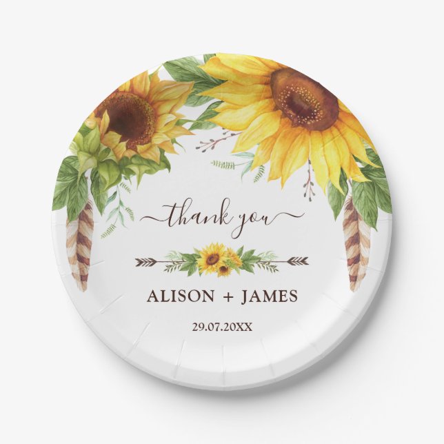 Rustic Boho Sunflowers Wedding Party Favours Paper Plate (Front)