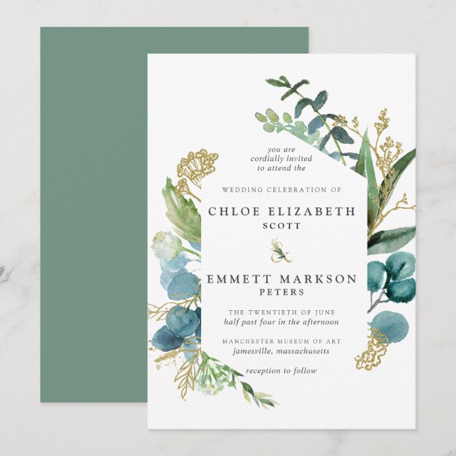 Rustic Boho Teal Blue Botanical Gold Wedding Invitation (Front/Back)