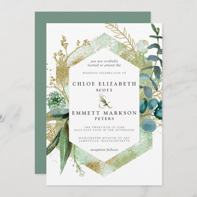 Rustic Boho Teal Blue Botanical Gold Wedding Invitation (Front/Back)