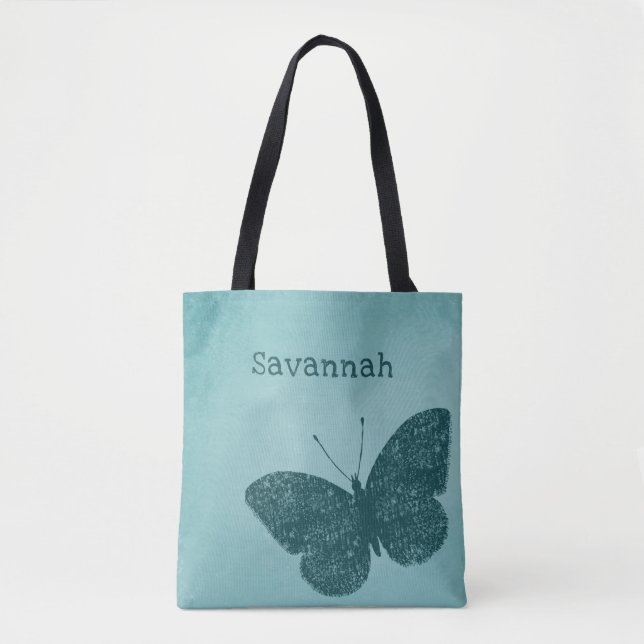 Rustic Boho Teal Green Butterfly Tote (Front)