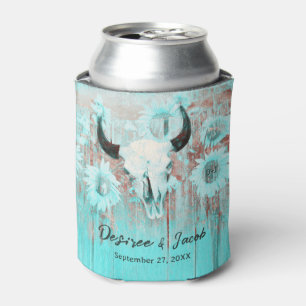 Rustic Boho Teal Western Sunflowers Bull Skull Can Cooler