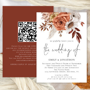 Rustic Boho Terracotta Fall Floral QR Code Wedding Invitation