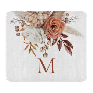 Rustic Boho Terracotta Florals Monogram Initial Cutting Board