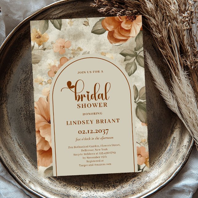 Rustic Boho Terracotta Flowers Bridal Shower  Invitation (Rustic Boho Terracotta Flowers Bridal Shower Invitation)