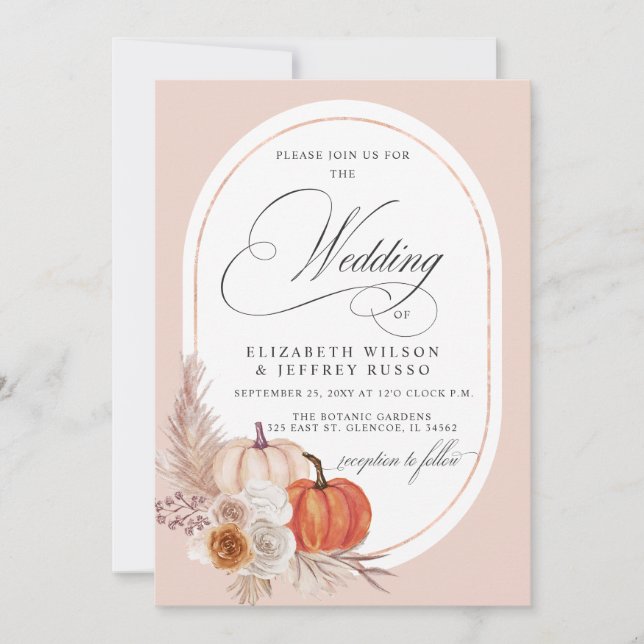 Rustic Boho Terracotta Pampas Pumpkin Fall Wedding Invitation (Front)