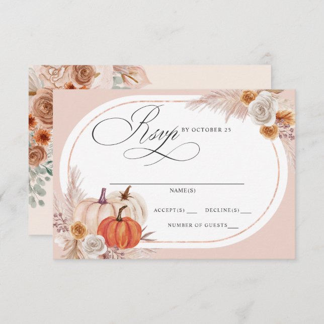 Rustic Boho Terracotta Pampas Pumpkin Fall Wedding RSVP Card (Front/Back)