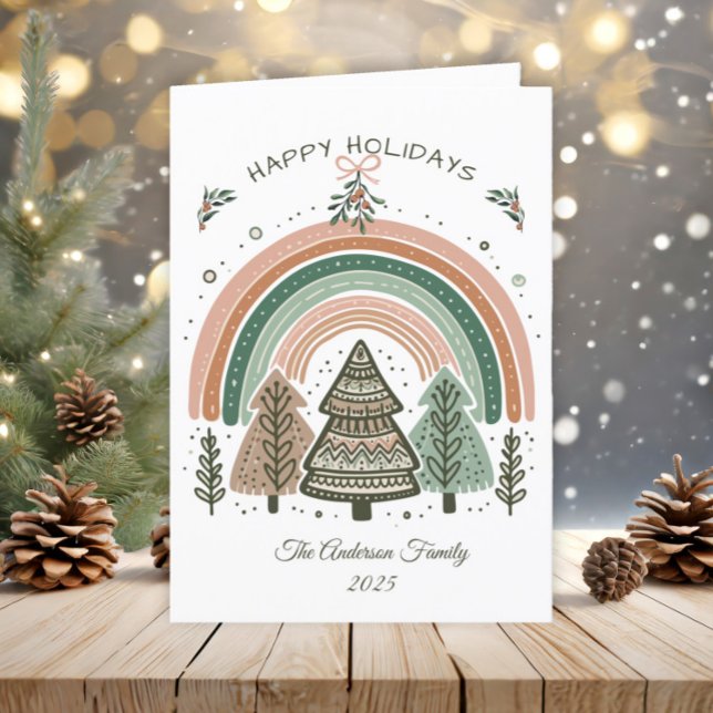 Rustic Boho Terracotta Rainbow Trees Christmas Holiday Card (Scandinavian rainbow and pine trees Christmas greeting card)