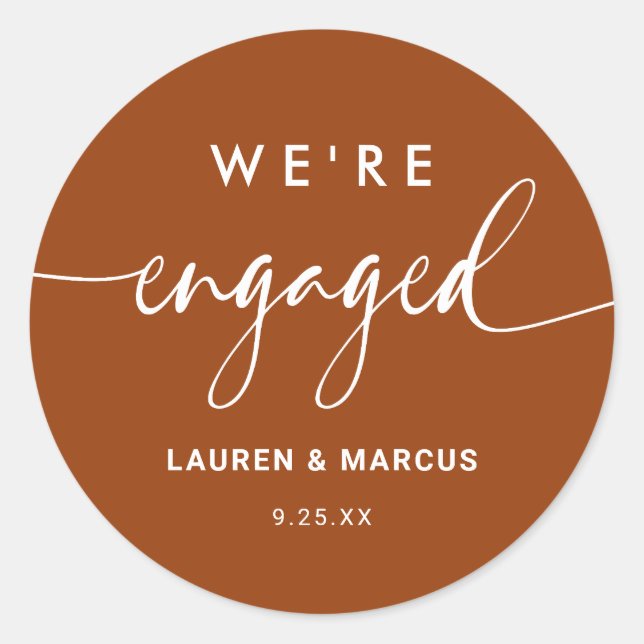 Rustic Boho Terracotta We're Engaged Engagement Classic Round Sticker (Front)