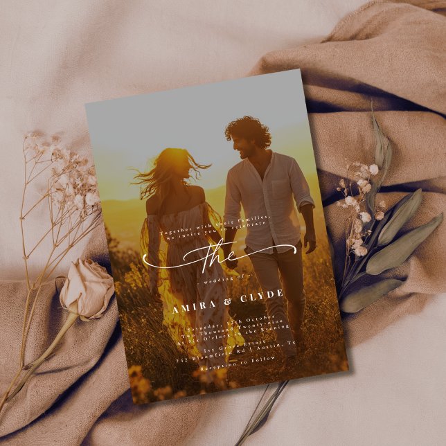 Rustic Boho Trendy Romantic Sunset Photo Wedding Invitation (Creator Uploaded)