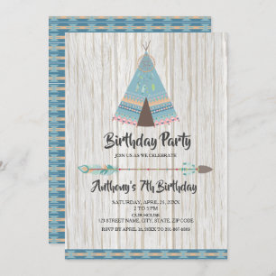 Rustic Boho Tribal Blue Teepee Birthday Party Invitation