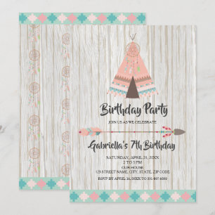 Rustic Boho Tribal Pink Teepee Birthday Party Invitation