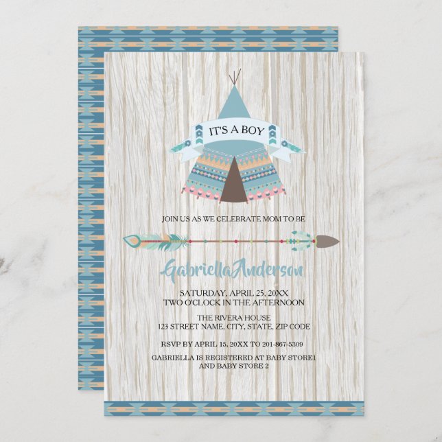Rustic Boho Tribal  Teepee Baby Boy Baby Shower Invitation (Front/Back)