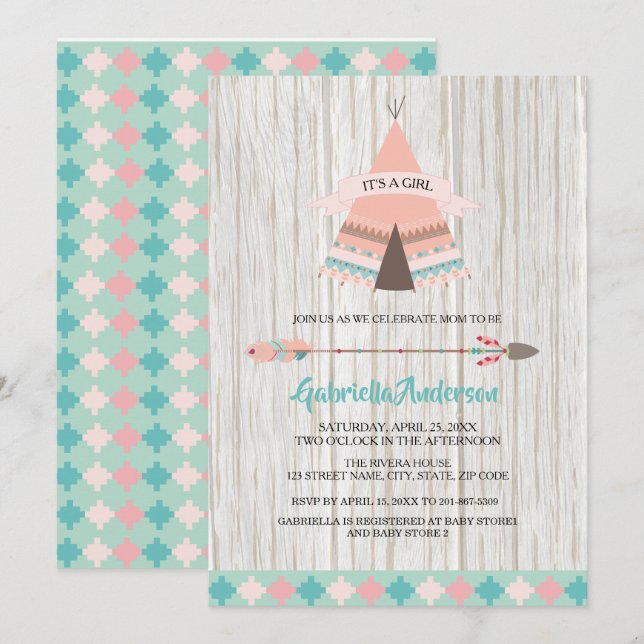 Rustic Boho Tribal Teepee Girl Baby Shower Invitation (Front/Back)