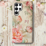 Rustic Boho Watercolor Antique Roses w/Monogram Samsung Galaxy Case<br><div class="desc">Gorgeous sprays of pink rose blooms and buds and delicate green foliage on a distressed rustic weathered wood background with text field for your name or monogram.</div>