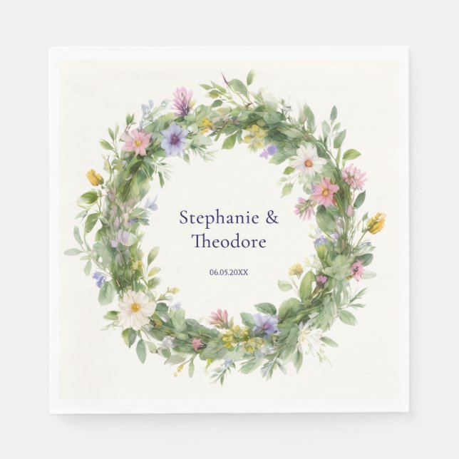 Rustic Boho Watercolor Floral Personalised Wedding Napkin (Front)