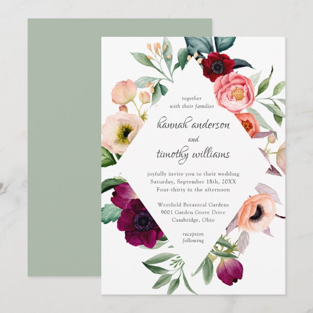 Rustic Boho Watercolor Floral Wedding Invitation (Front/Back)