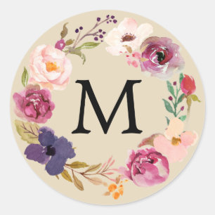 Rustic Boho Watercolor Floral Wreath Monogram Classic Round Sticker