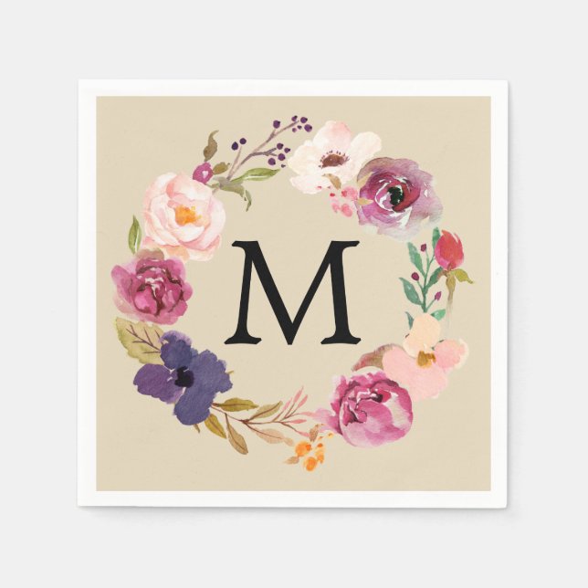 Rustic Boho Watercolor Floral Wreath Monogram Napkin (Front)