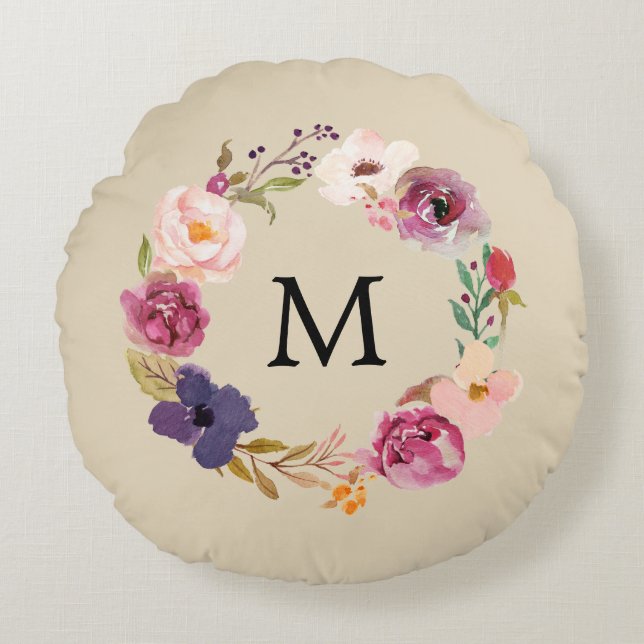Rustic Boho Watercolor Floral Wreath Monogram Round Cushion (Front)