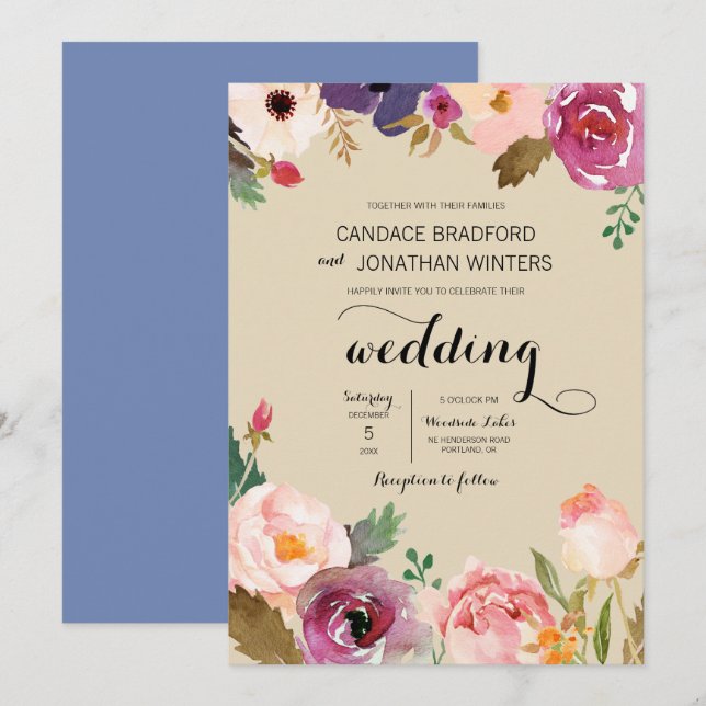Rustic Boho Watercolor Flowers Wedding Invitation (Front/Back)