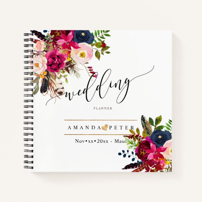 Rustic Boho Watercolor Flowers Wedding Planner Notebook (Front)