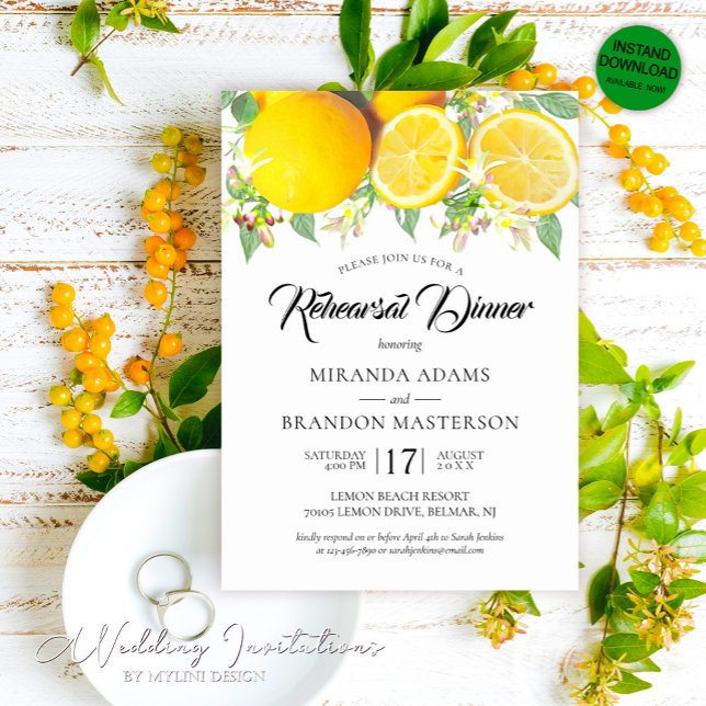 Rustic Boho Watercolor Lemon Rehearsal Dinner Invitation (Creator Uploaded)