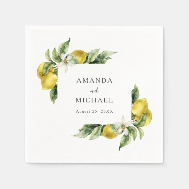 Rustic Boho Watercolor Lemons Citrus Wedding Napkin (Front)