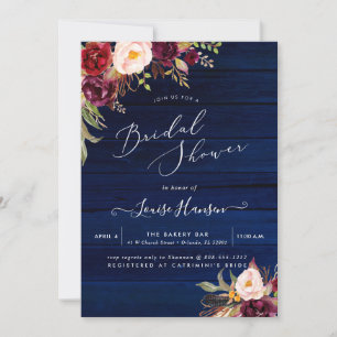 Rustic Boho Watercolor Marsala Peonies Blue Wood Invitation