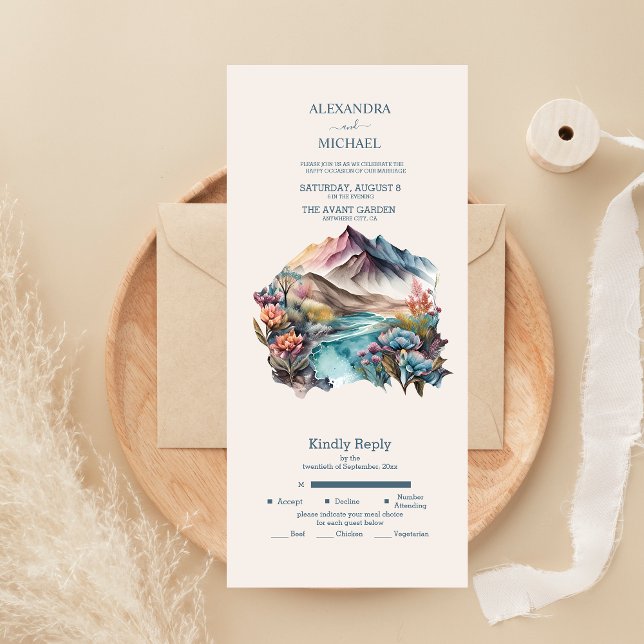 Rustic Boho Watercolor Mountain Wedding All In One Invitation (Creator Uploaded)