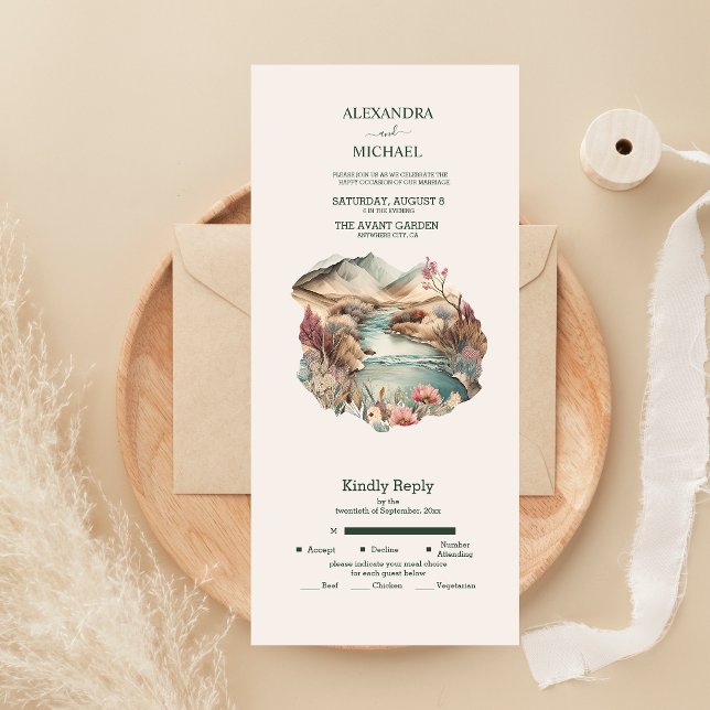 Rustic Boho Watercolor Mountain Wedding All In One Invitation (Creator Uploaded)