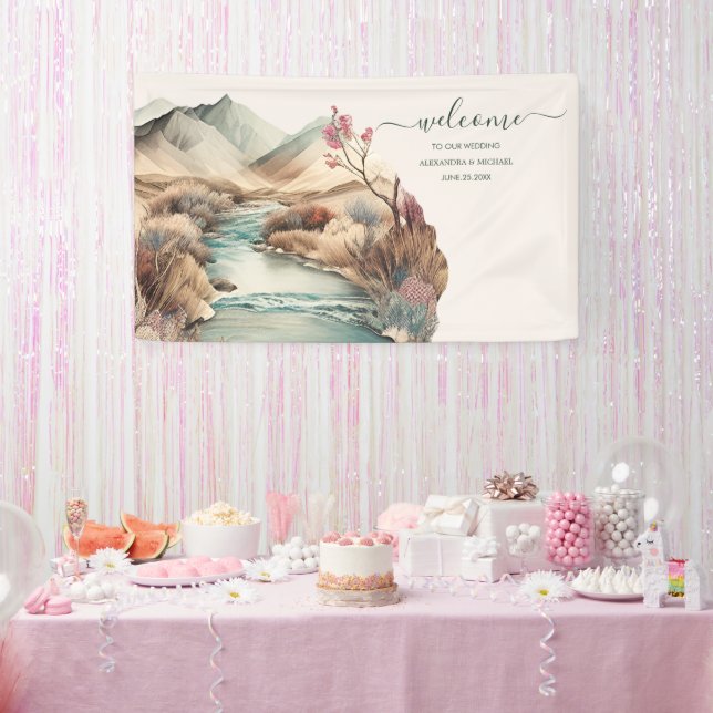 Rustic Boho Watercolor Mountain Wedding Banner (Party)