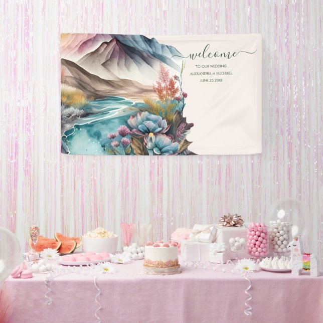 Rustic Boho Watercolor Mountain Wedding Banner (Party)