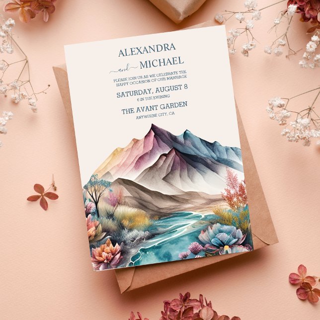 Rustic Boho Watercolor Mountain Wedding Invitation (Creator Uploaded)