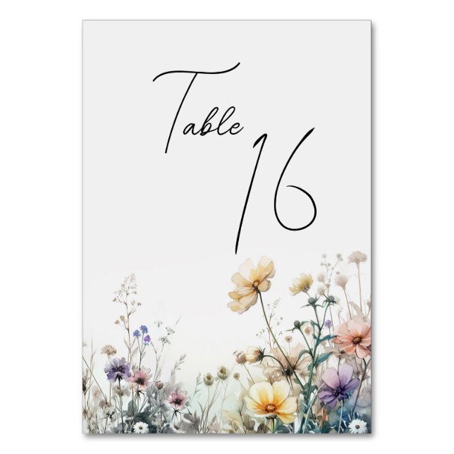 Rustic Boho Watercolor Wildflowers Table Number (Front)