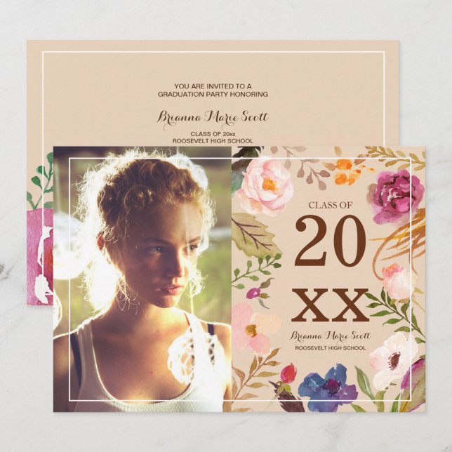 Rustic Boho Watercor Flowers Photo Grad Party Invitation (Front/Back)